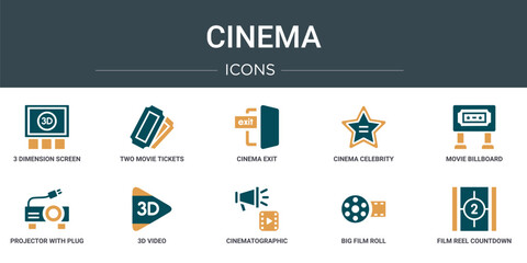 Poster - set of 10 outline web cinema icons such as 3 dimension screen, two movie tickets, cinema exit, cinem