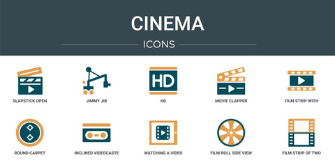 Poster - set of 10 outline web cinema icons such as slapstick open, jimmy jib, hd, movie clapper, film strip 