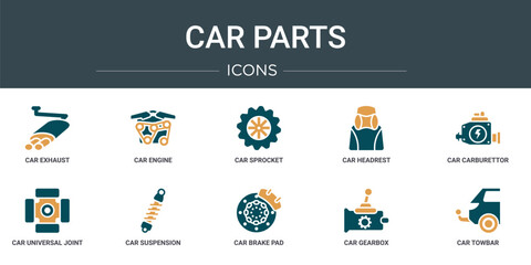 Poster - set of 10 outline web car parts icons such as car exhaust, car engine, sprocket, headrest, carburettor, universal joint, suspension vector icons for report, presentation, diagram, web design, mobile