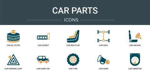 Poster - set of 10 outline web car parts icons such as car oil filter, car gasket, mud flap, axle, air bag, parking light, hard top vector icons for report, presentation, diagram, web design, mobile app