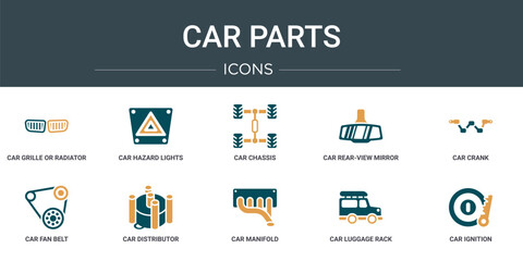 Poster - set of 10 outline web car parts icons such as car grille or radiator grille, car hazard lights, chassis, rear-view mirror, crank, fan belt, distributor cap vector icons for report, presentation,