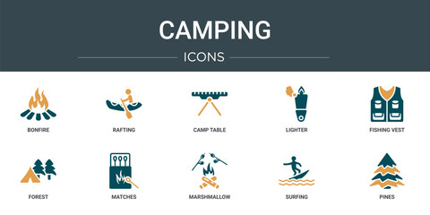 Poster - set of 10 outline web camping icons such as bonfire, rafting, camp table, lighter, fishing vest, forest, matches vector icons for report, presentation, diagram, web design, mobile app