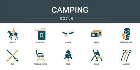 Poster - set of 10 outline web camping icons such as jockey, gasoline, canoe, cabin, sleeping bag, oar, folding chair vector icons for report, presentation, diagram, web design, mobile app