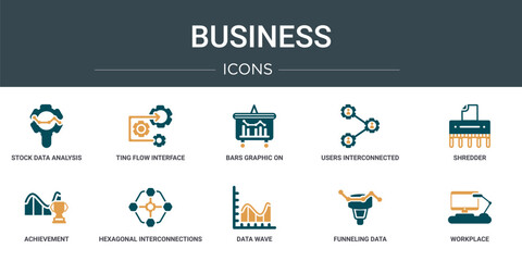 Poster - set of 10 outline web business icons such as stock data analysis, ting flow interface, bars graphic on screen, users interconnected, shredder, achievement, hexagonal interconnections vector icons