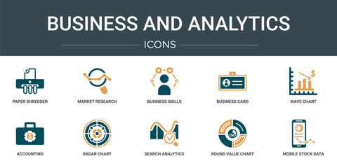 Poster - set of 10 outline web business and analytics icons such as paper shredder, market research, business skills, business card, wave chart, accounting, radar chart vector icons for report, presentation,