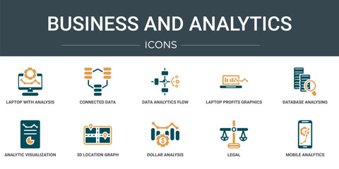Poster - set of 10 outline web business and analytics icons such as laptop with analysis, connected data, data analytics flow, laptop profits graphics, database analysing, analytic visualization, 3d location