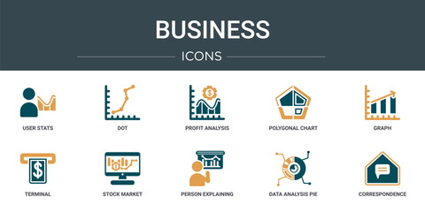 Poster - set of 10 outline web business icons such as user stats, dot, profit analysis, polygonal chart, graph, terminal, stock market vector icons for report, presentation, diagram, web design, mobile app
