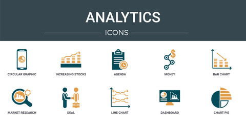 Poster - set of 10 outline web analytics icons such as circular graphic of mobile, increasing stocks, agenda, money, bar chart, market research, deal vector icons for report, presentation, diagram, web