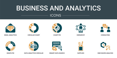 Poster - set of 10 outline web business and analytics icons such as email analytics, circular chart, chart pie, hierarchy, consulting, graph pie, data analytics circular vector icons for report,