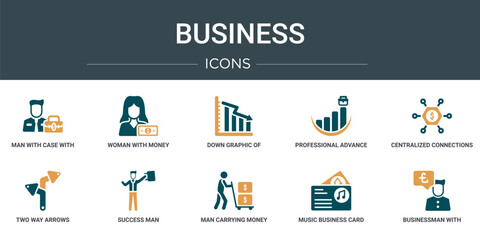 Poster - set of 10 outline web business icons such as man with case with dollar, woman with money, down graphic of business stats, professional advance, centralized connections, two way arrows, success man