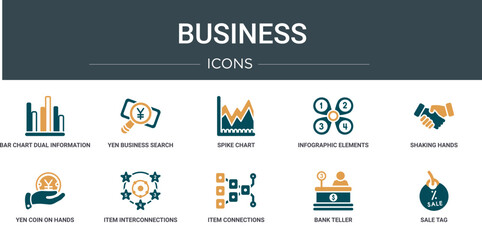 Poster - set of 10 outline web business icons such as bar chart dual information, yen business search, spike chart, infographic elements, shaking hands, yen coin on hands, item interconnections vector icons