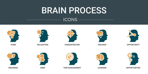 Poster - set of 10 outline web brain process icons such as think, relaxation, concentration, feelings, opportunity, dreaming, mind vector icons for report, presentation, diagram, web design, mobile app