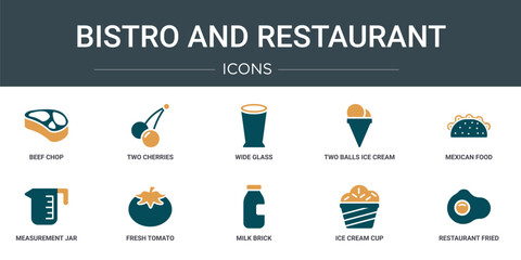 Poster - set of 10 outline web bistro and restaurant icons such as beef chop, two cherries, wide glass, two b