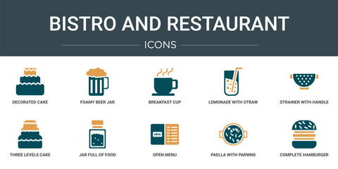Poster - set of 10 outline web bistro and restaurant icons such as decorated cake, foamy beer jar, breakfast cup, lemonade with straw, strainer with handle, three levels cake, jar full of food vector icons