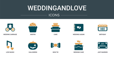 Poster - set of 10 outline web weddingandlove icons such as wedding carriage, muffin, cake, wedding album, bi