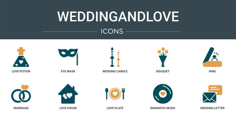 Poster - set of 10 outline web weddingandlove icons such as love potion, eye mask, wedding candle, bouquet, r