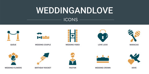 Poster - set of 10 outline web weddingandlove icons such as queue, wedding couple, wedding video, love lock, 