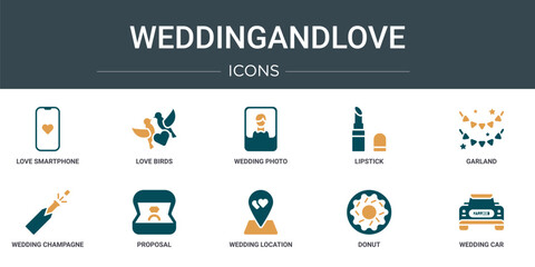 Poster - set of 10 outline web weddingandlove icons such as love smartphone, love birds, wedding photo, lipst