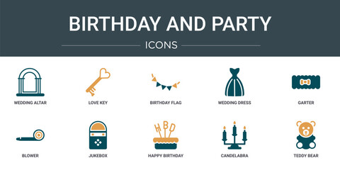 Poster - set of 10 outline web birthday and party icons such as wedding altar, love key, birthday flag, weddi