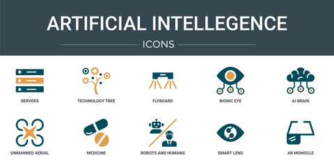 Poster - set of 10 outline web artificial intellegence icons such as servers, technology tree, flyboard, bion