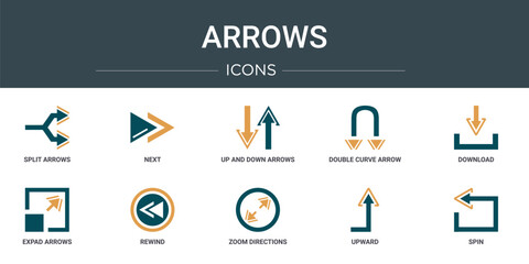 Poster - set of 10 outline web arrows icons such as split arrows, next, up and down arrows, double curve arro