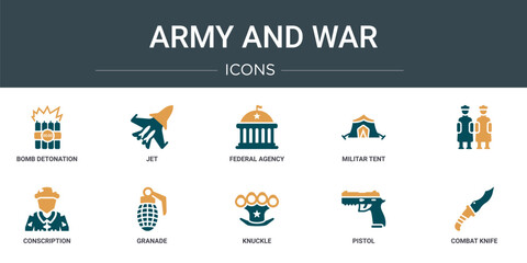 Poster - set of 10 outline web army and war icons such as bomb detonation, jet, federal agency, militar tent,