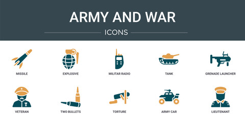Poster - set of 10 outline web army and war icons such as missile, explosive, militar radio, tank, grenade la
