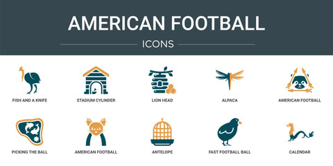 Poster - set of 10 outline web american football icons such as fish and a knife, stadium cylinder, lion head,