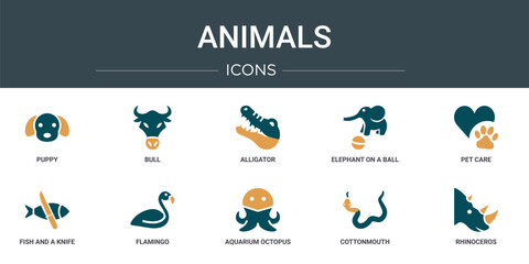 Poster - set of 10 outline web animals icons such as puppy, bull, alligator, elephant on a ball, pet care, fi