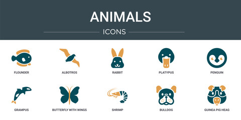 Poster - set of 10 outline web animals icons such as flounder, albotros, rabbit, platypus, penguin, grampus, 