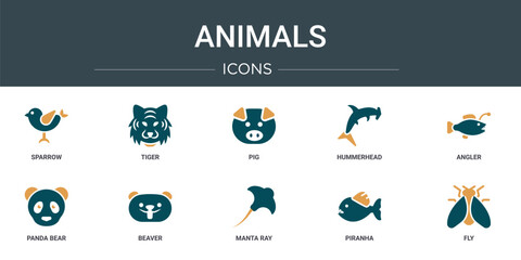 Poster - set of 10 outline web animals icons such as sparrow, tiger, pig, hummerhead, angler, panda bear, bea