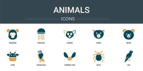 Poster - set of 10 outline web animals icons such as baboon, medusa, lemur, mink, bear, cow, deadlock vector 