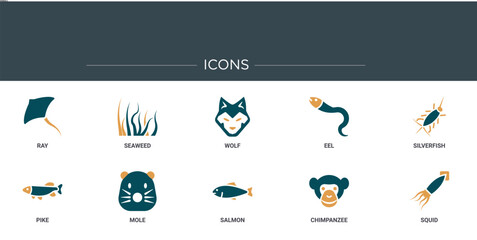 Poster - set of 10 outline web animals icons such as ray, seaweed, wolf, eel, silverfish, pike, mole vector i