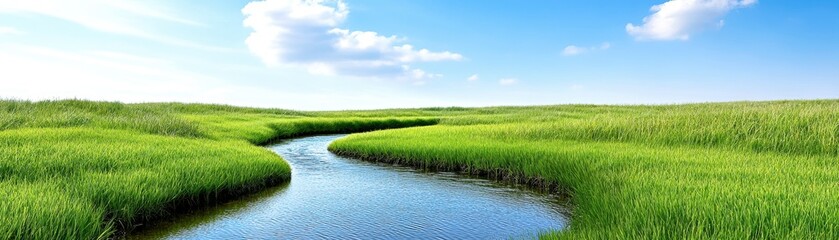 Wall Mural - serene landscape with lush green grass and calm river under blue sky