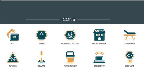 Poster - set of 10 outline web alert icons such as 911, ahead, biological hazard, police station, stretcher, 