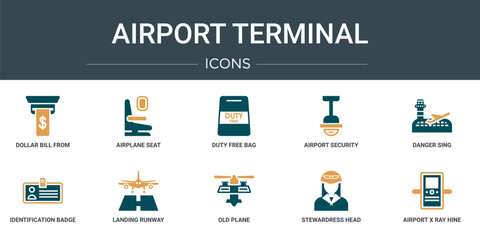 Poster - set of 10 outline web airport terminal icons such as dollar bill from cash hine, airplane seat, duty
