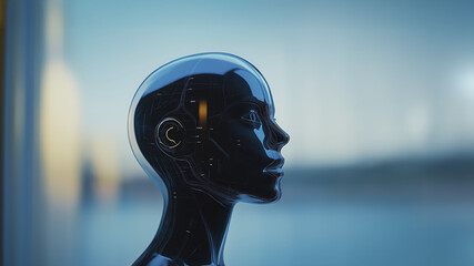 Poster - transparent human like droid with futuristic design is shown in profile against blurred background, highlighting its sleek and advanced features