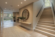 © JulieMeneghin - Photographie immobilière d’une entrée moderne avec une console en bois suspendue, grand miroir décoratif, tableau, éclairage encastré doux et plantes. HDR, 3D, design, tendance, architecte