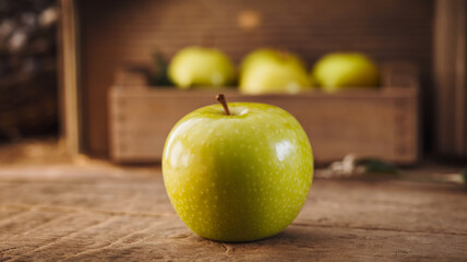 Wall Mural - Close-up of a fresh green apple sitting on a wooden table with a rustic background, symbolizing healthy eating, organic food, and natural freshness