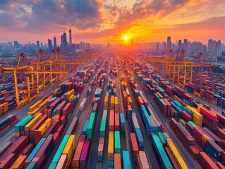 Poster - Container Yard in a Busy Port at Sunset