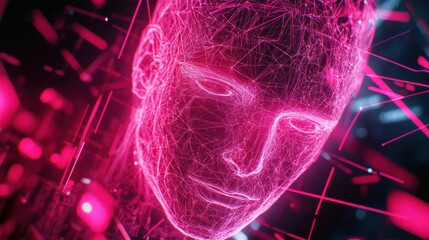 Fototapete - Futuristic Human-like Digital Face with Neon Abstract Lines and Overlapping Geometric Patterns