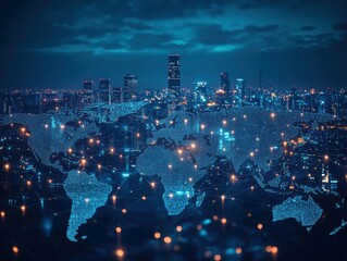 Poster - Cityscape at Night with Blue Tone and City Lights