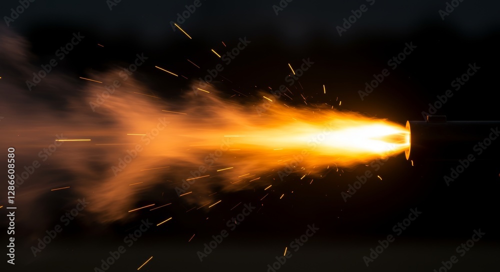 Dynamic muzzle flash explosion captured in high-contrast lighting ...