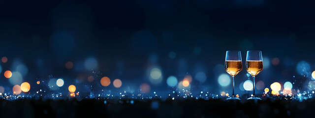 Poster - New Year's Eve toast, champagne glasses clinking, against a dark blue background