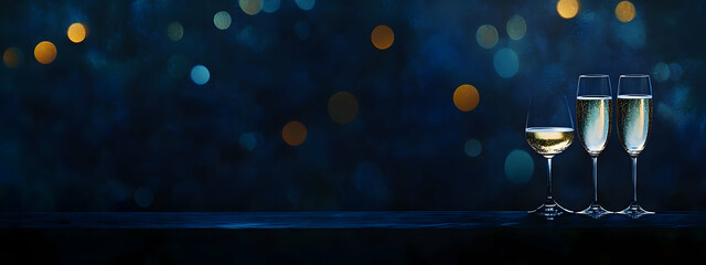 Poster - New Year's Eve toast, champagne glasses clinking, against a dark blue background