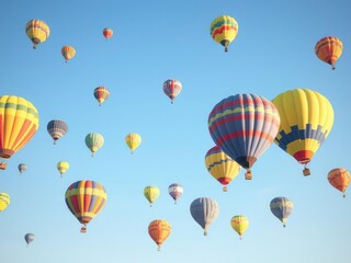vibrant light blue sky with clusters of colourful hot air balloons drifting gently, sky, limitless, 