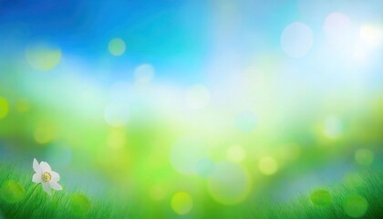 Poster - soft focus spring meadow with single white daffodil, vibrant green grass, blurred blue sky, bokeh light effect, nature backdrop

