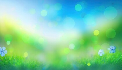 Poster - soft focus spring meadow with single white daffodil, vibrant green grass, blurred blue sky, bokeh light effect, nature backdrop

