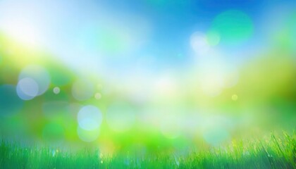 Poster - soft focus spring meadow with single white daffodil, vibrant green grass, blurred blue sky, bokeh light effect, nature backdrop

