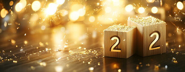 Poster - 2025 New Year background with golden fireworks and wooden cubes